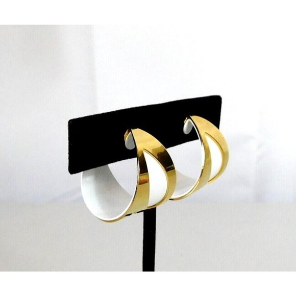 Huggie Hoop Pierced Earrings Gold Tone Metal on White Pushback Closure - Picture 3 of 7